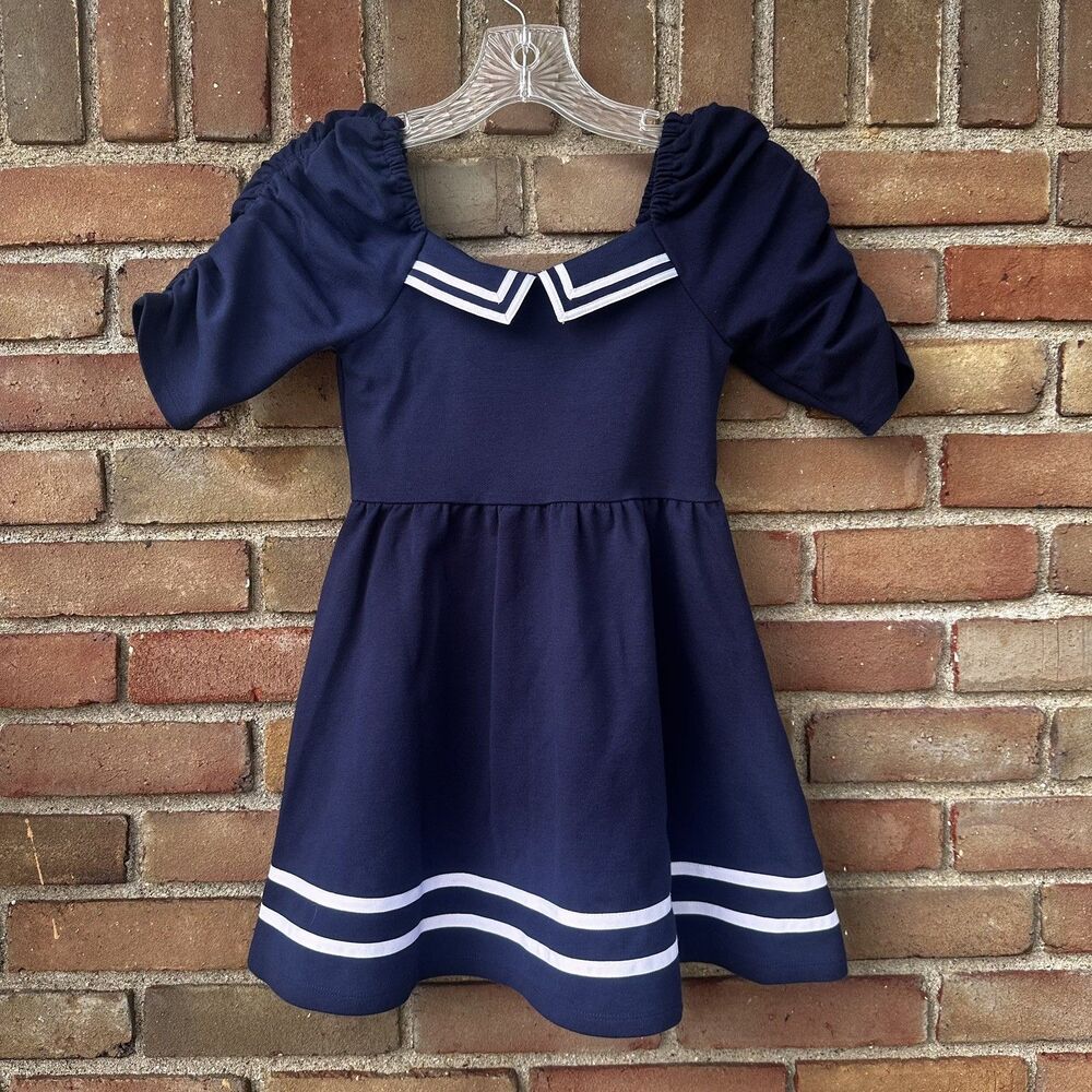 Janie and Jack Girls Navy Sailor Dress Puff Sleeve Knit Size 6 Nautical - Picture 2 of 10